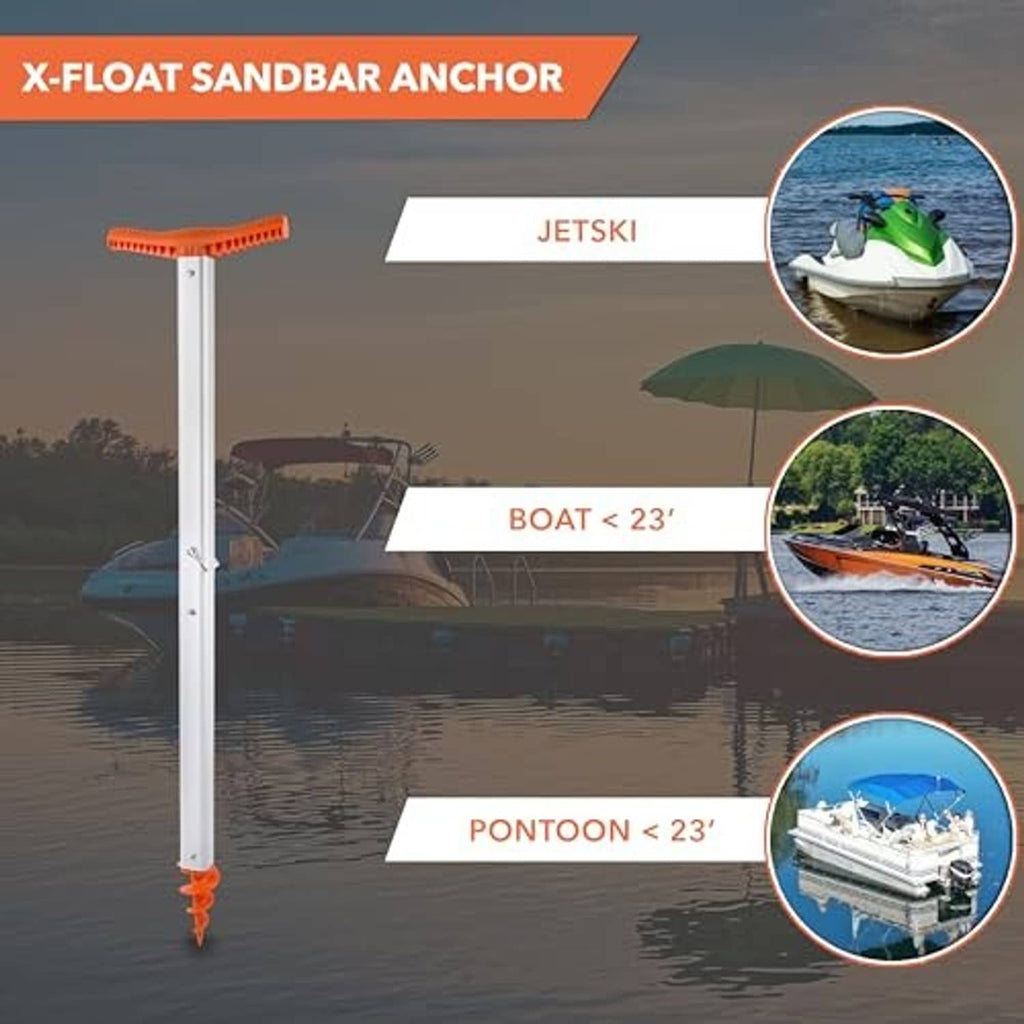 Tall aluminum sandbar anchor with orange top cap and pointed auger tip
