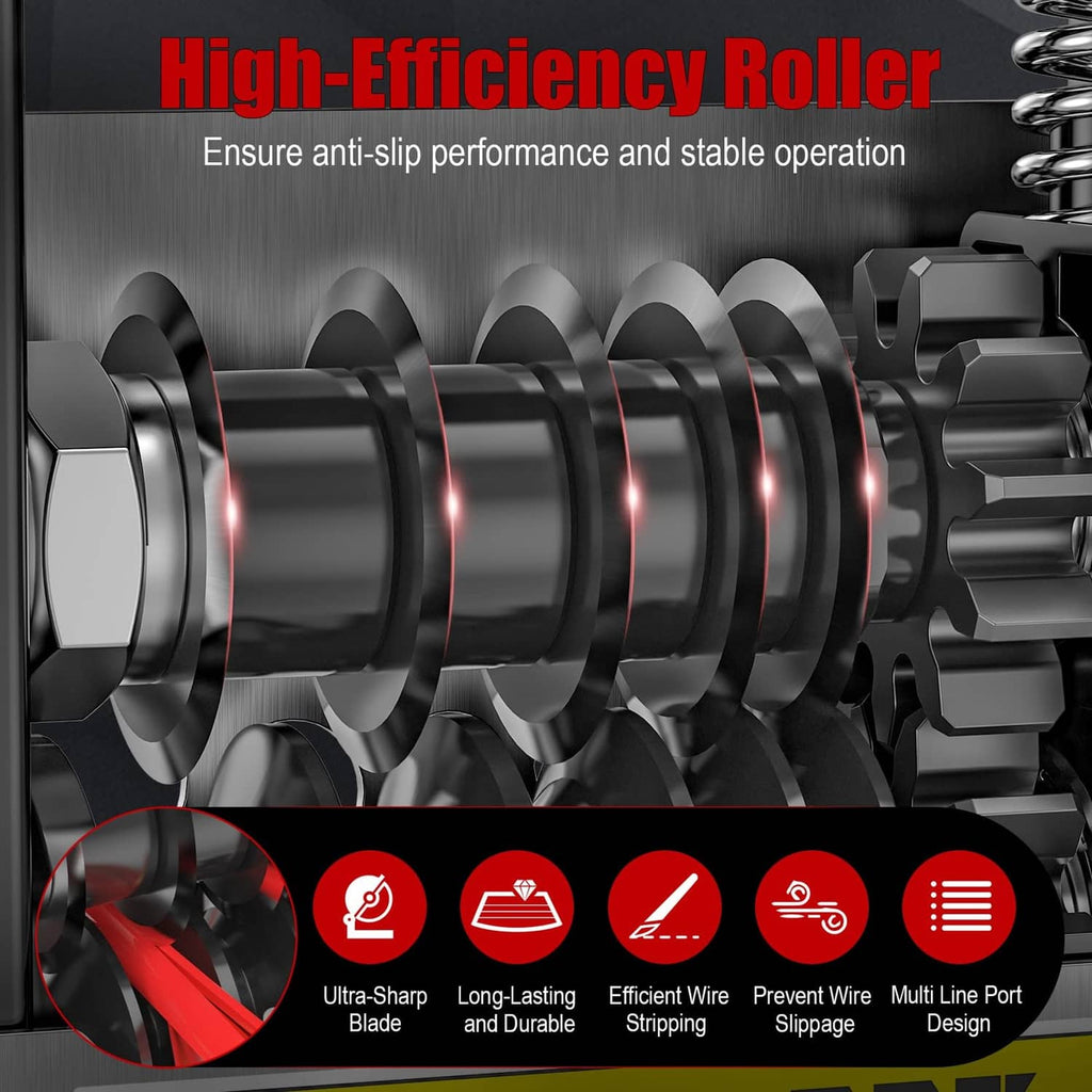 Black wire stripper machine interior with rotating feed rollers and blades