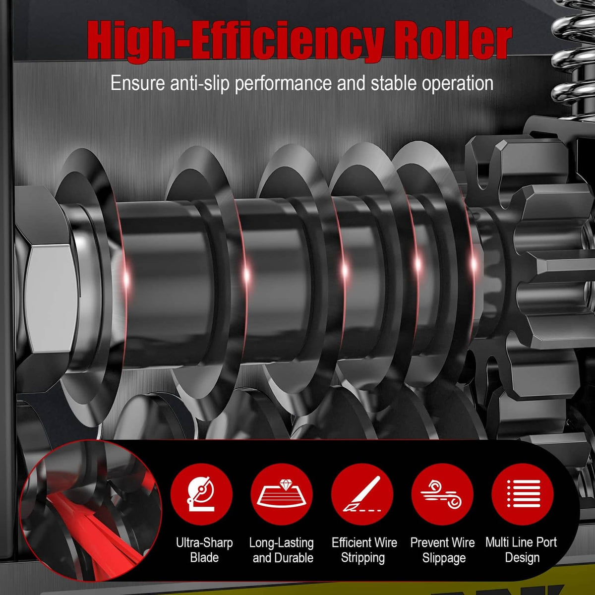 Black wire stripper machine interior with rotating feed rollers and blades