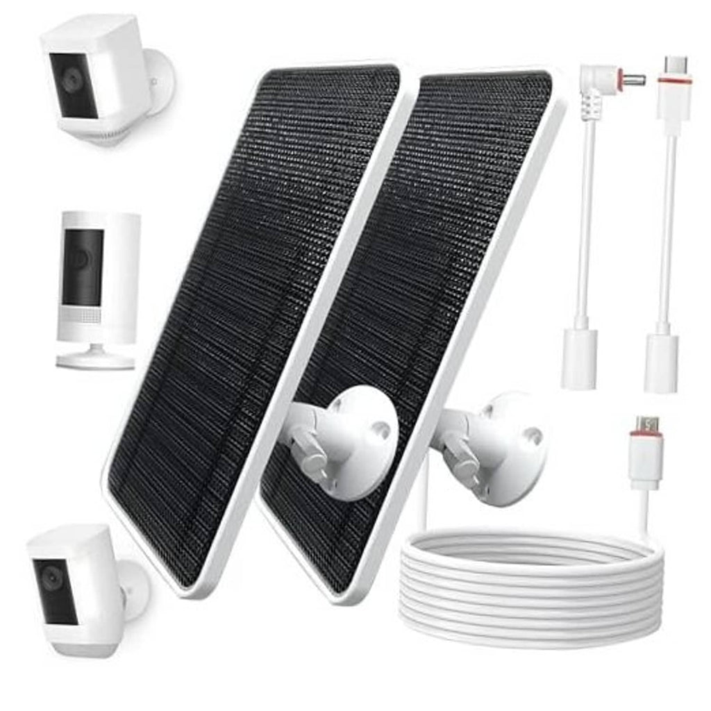 Two black solar panels with white camera mounts, cable, and connector accessories