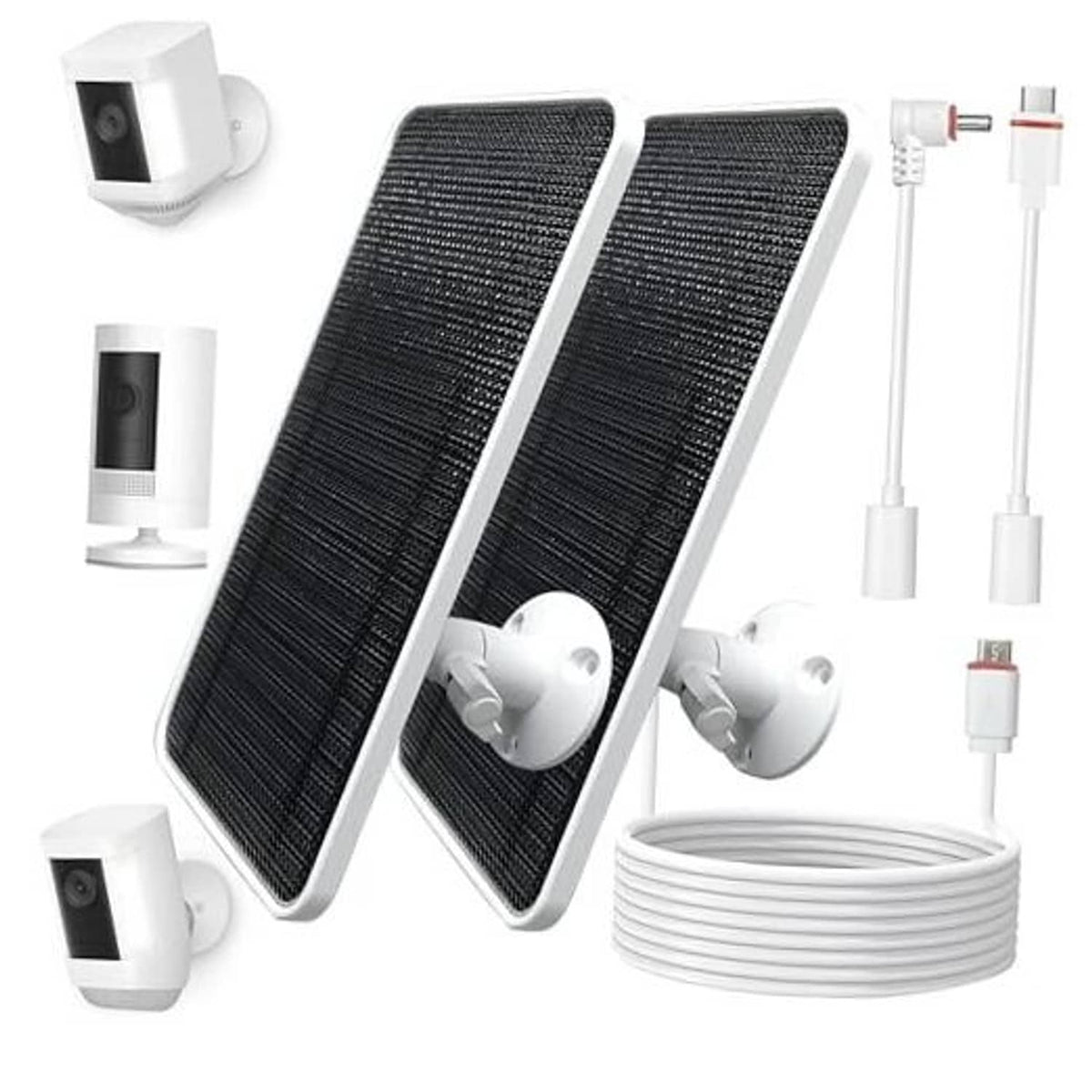 Two black solar panels with white camera mounts, cable, and connector accessories