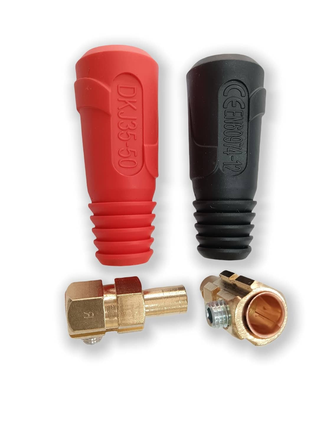 Welding cable connector plugs in red and black with brass terminals and mounting hardware