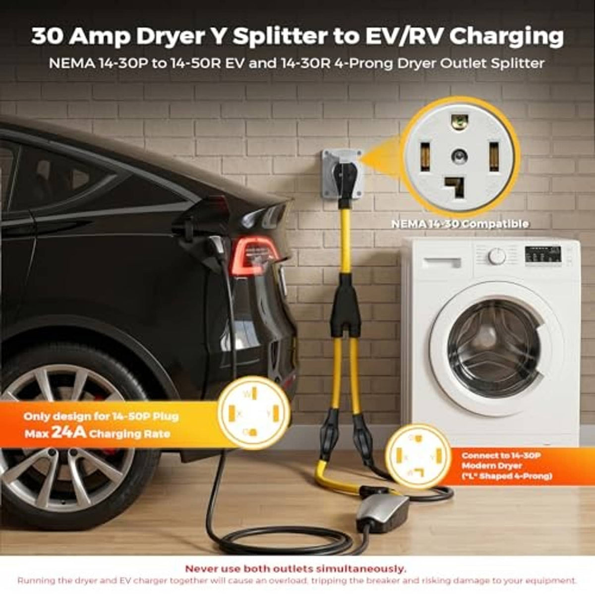 30 amp NEMA dryer/EV outlet splitter with yellow power cord and two black plug adapters