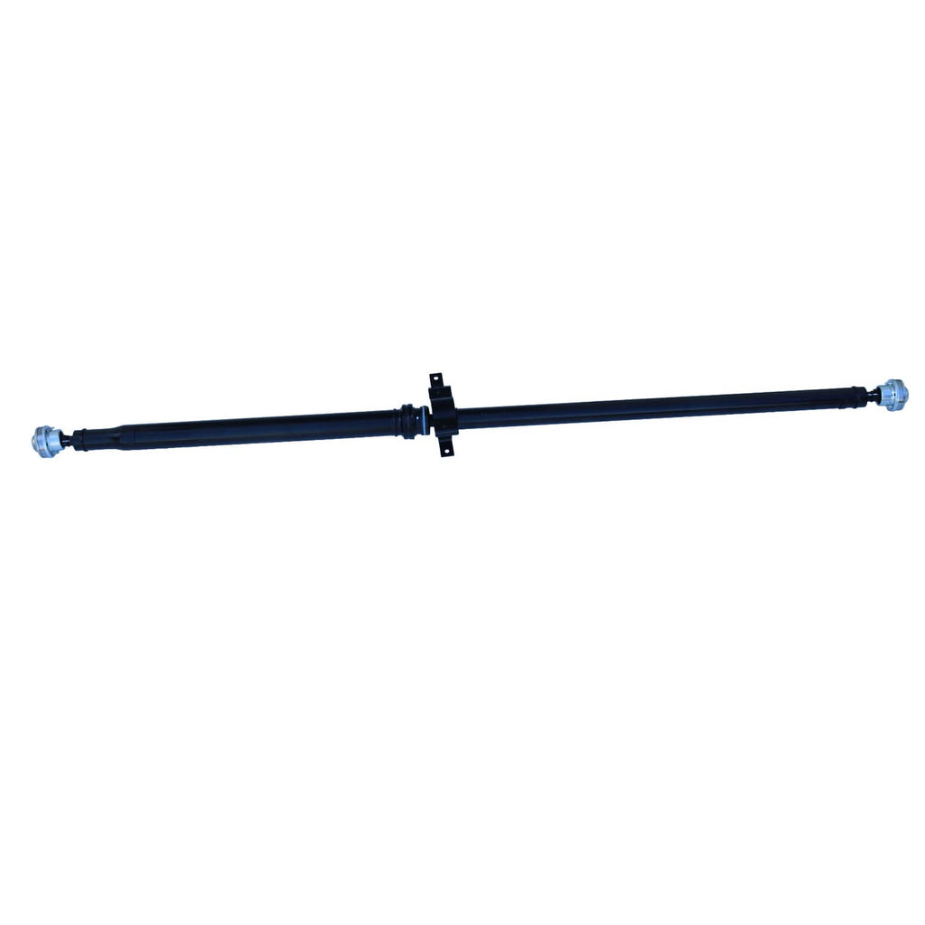 Rear driveshaft prop shaft assembly wide view with center bracket and bolt-on end caps