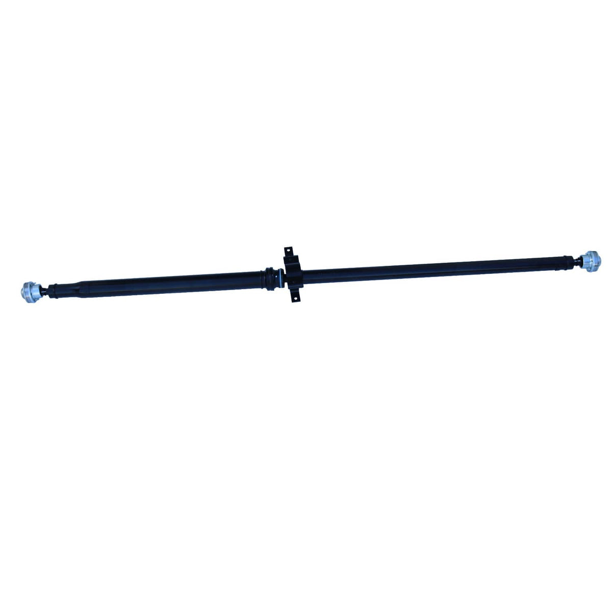 Rear driveshaft prop shaft assembly wide view with center bracket and bolt-on end caps