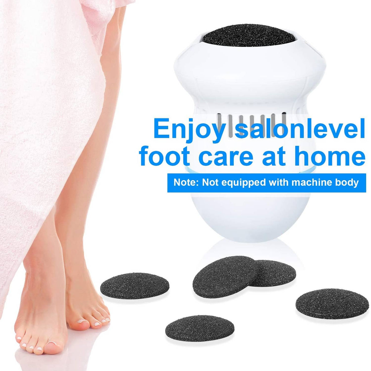Round black abrasive pads for a portable electric foot grinder, on device