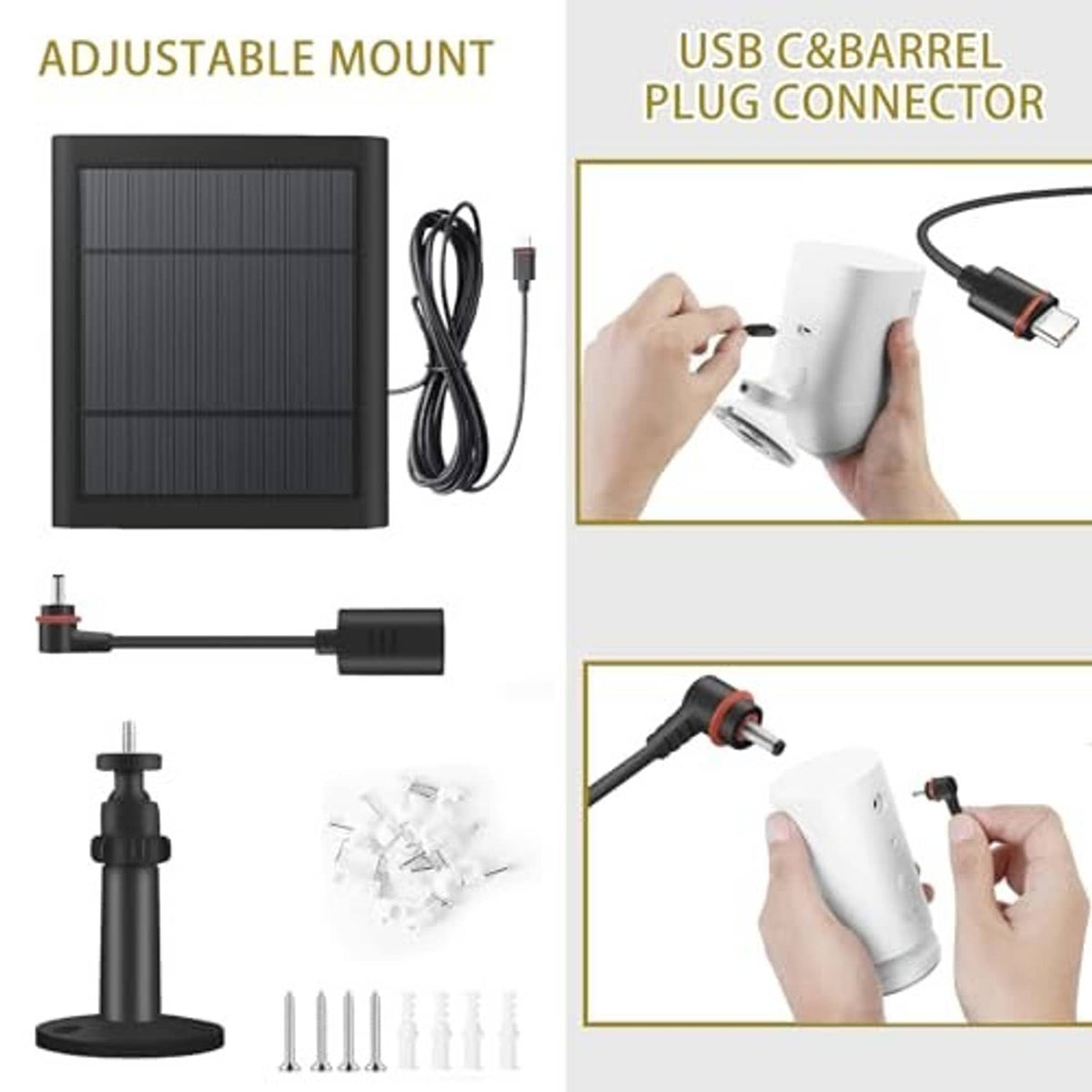 Black solar panel kit with adjustable mount, power cord, and USB-C to barrel plug