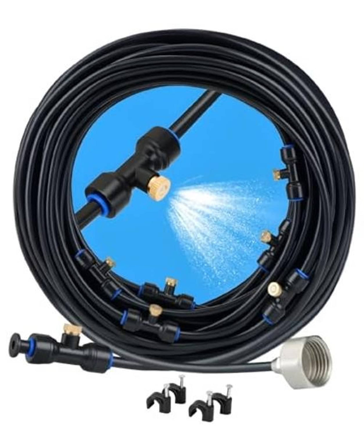 Outdoor misting system hose bundle with brass mist nozzles and threaded adapter fitting