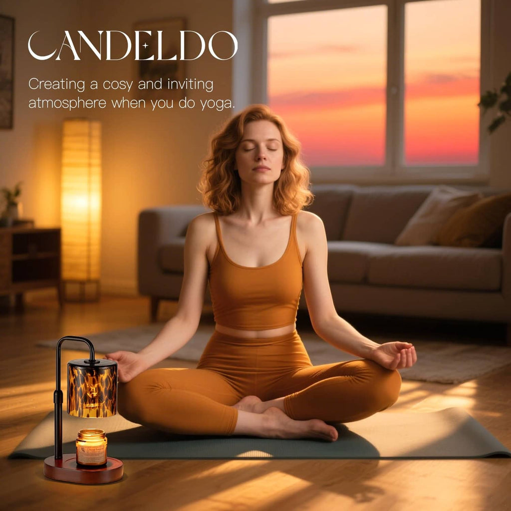 Candle warmer lamp with amber tortoise-shell glass shade and lit candle on wooden base
