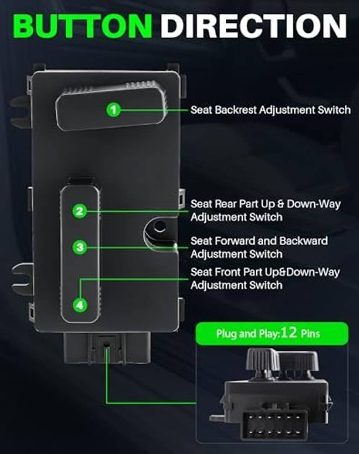 Black seat adjustment switch panel with labeled control switches
