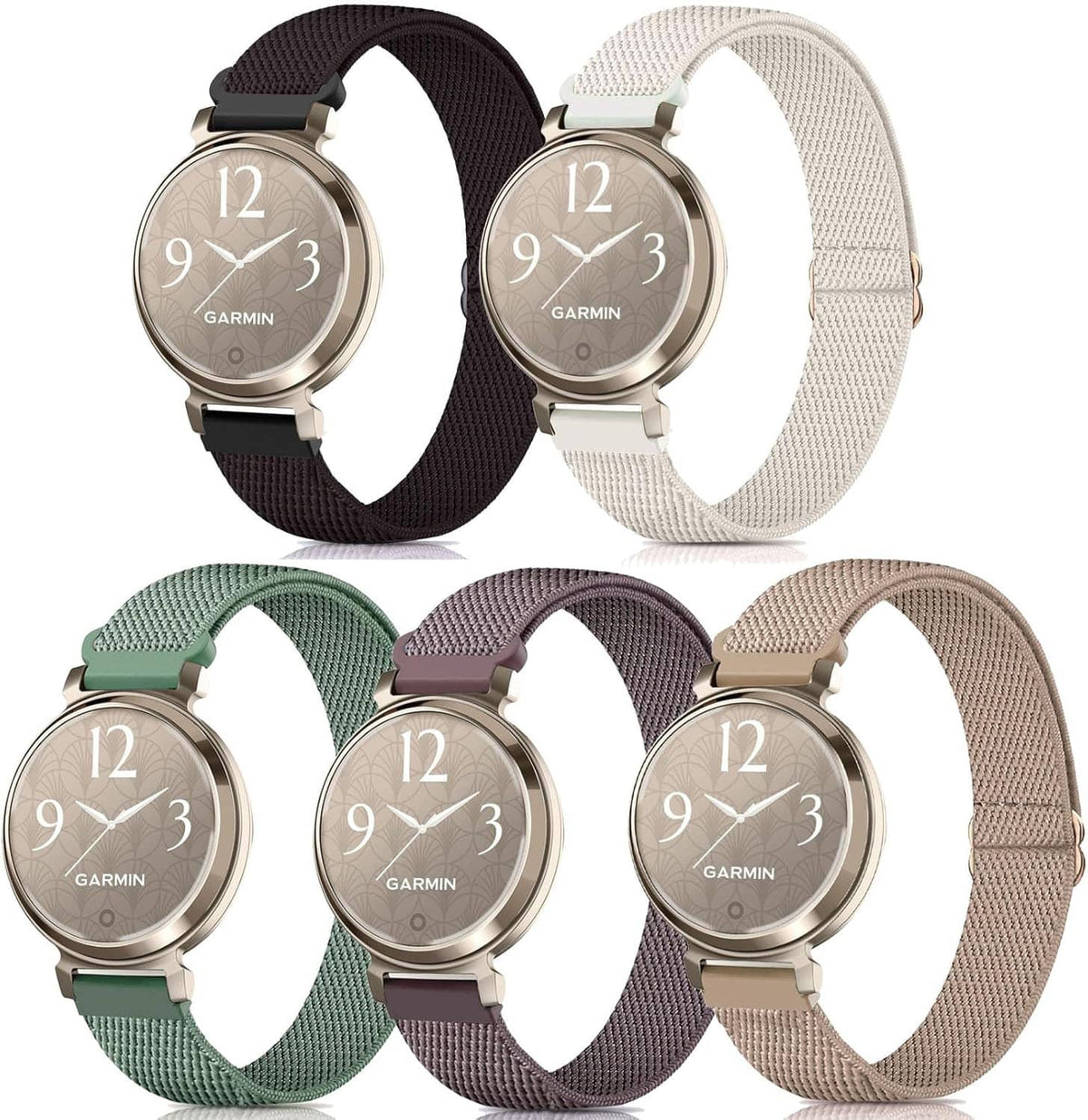 Five woven watch bands with metal buckles in black, white, green, purple, and tan