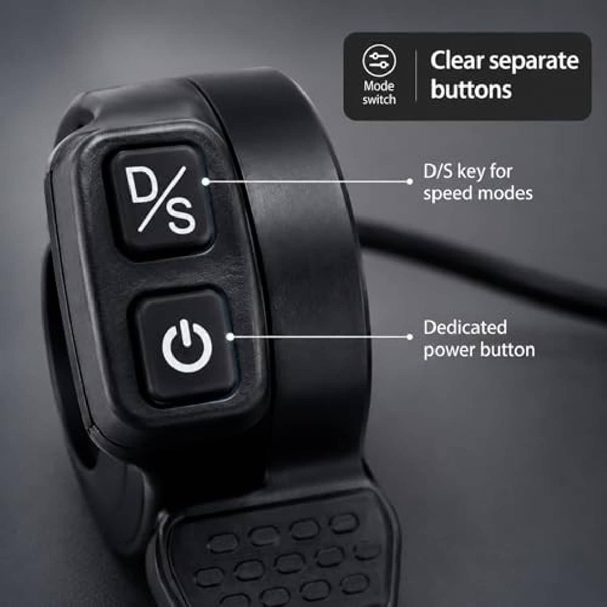 Close-up black thumb throttle with D/S key and power button on textured base