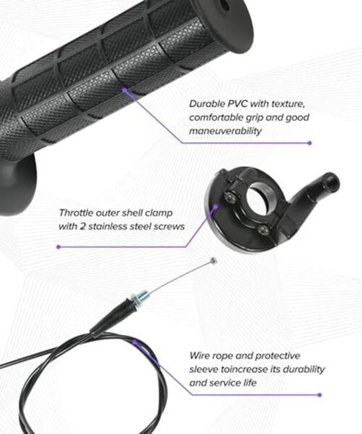 Textured PVC throttle grip with clamp and stainless-screw attachment, wire cable included