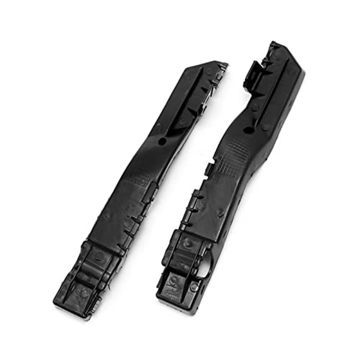 Pair of black front bumper bracket supports with mounting slots and attachment points