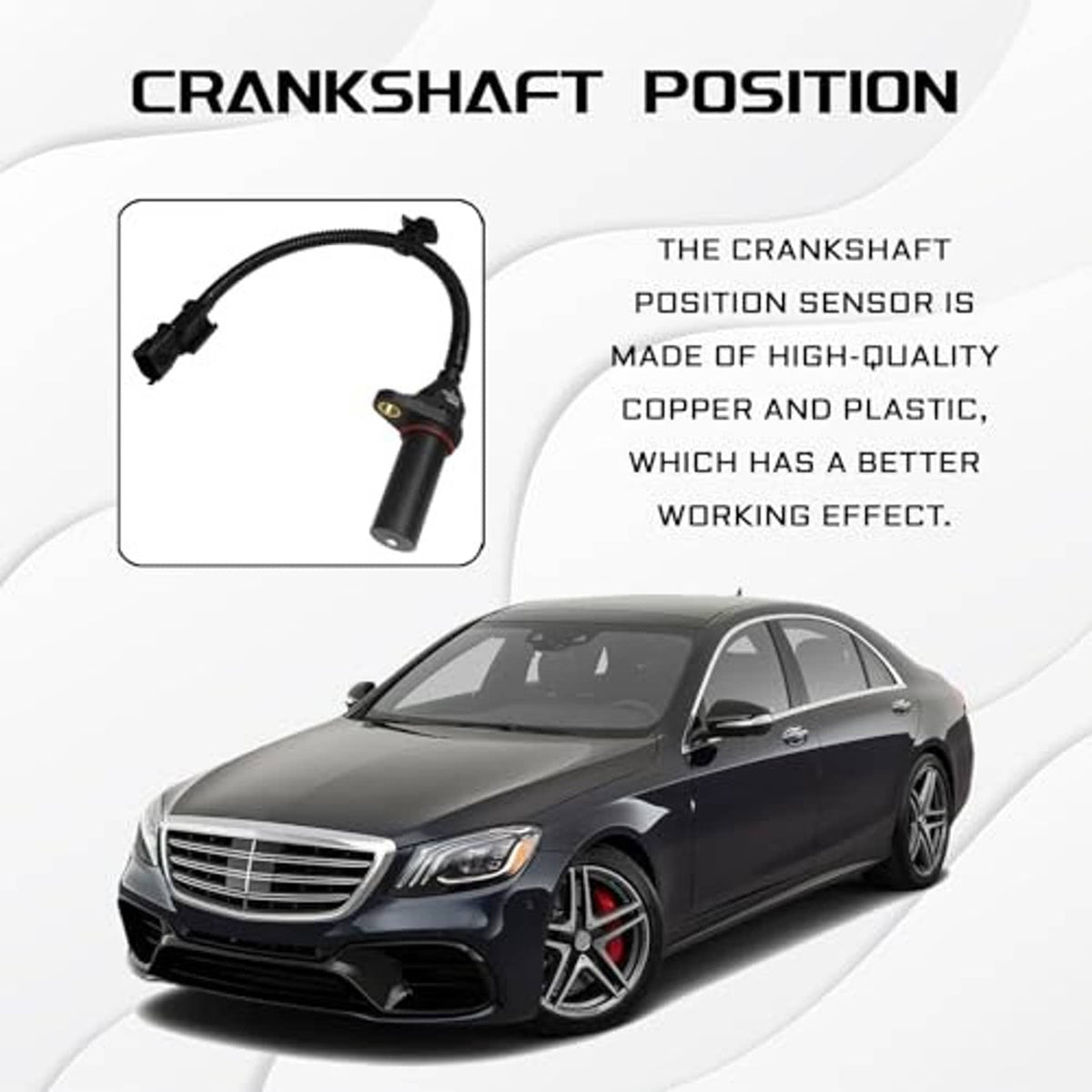 Crankshaft position sensor with black cable, mounting pins, and cylindrical metal tip