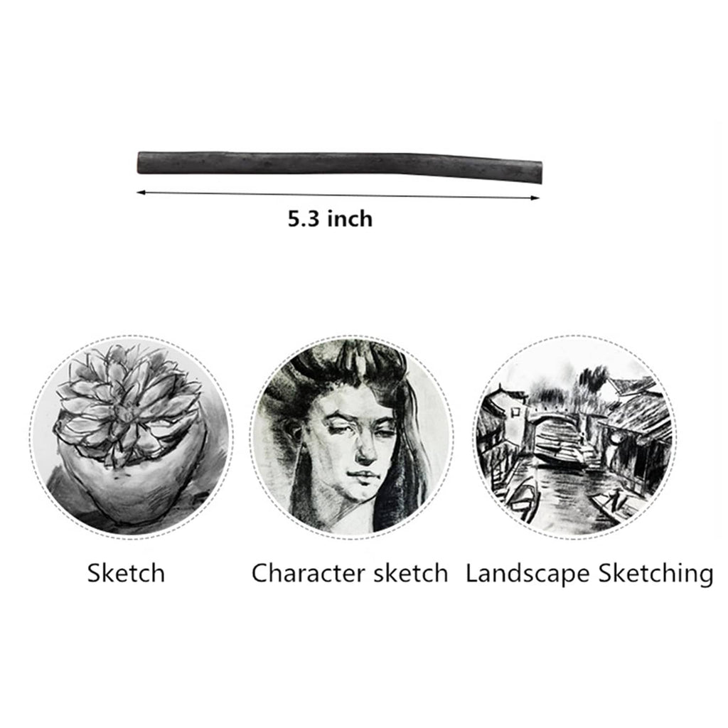 Charcoal stick length diagram and three example drawing circles