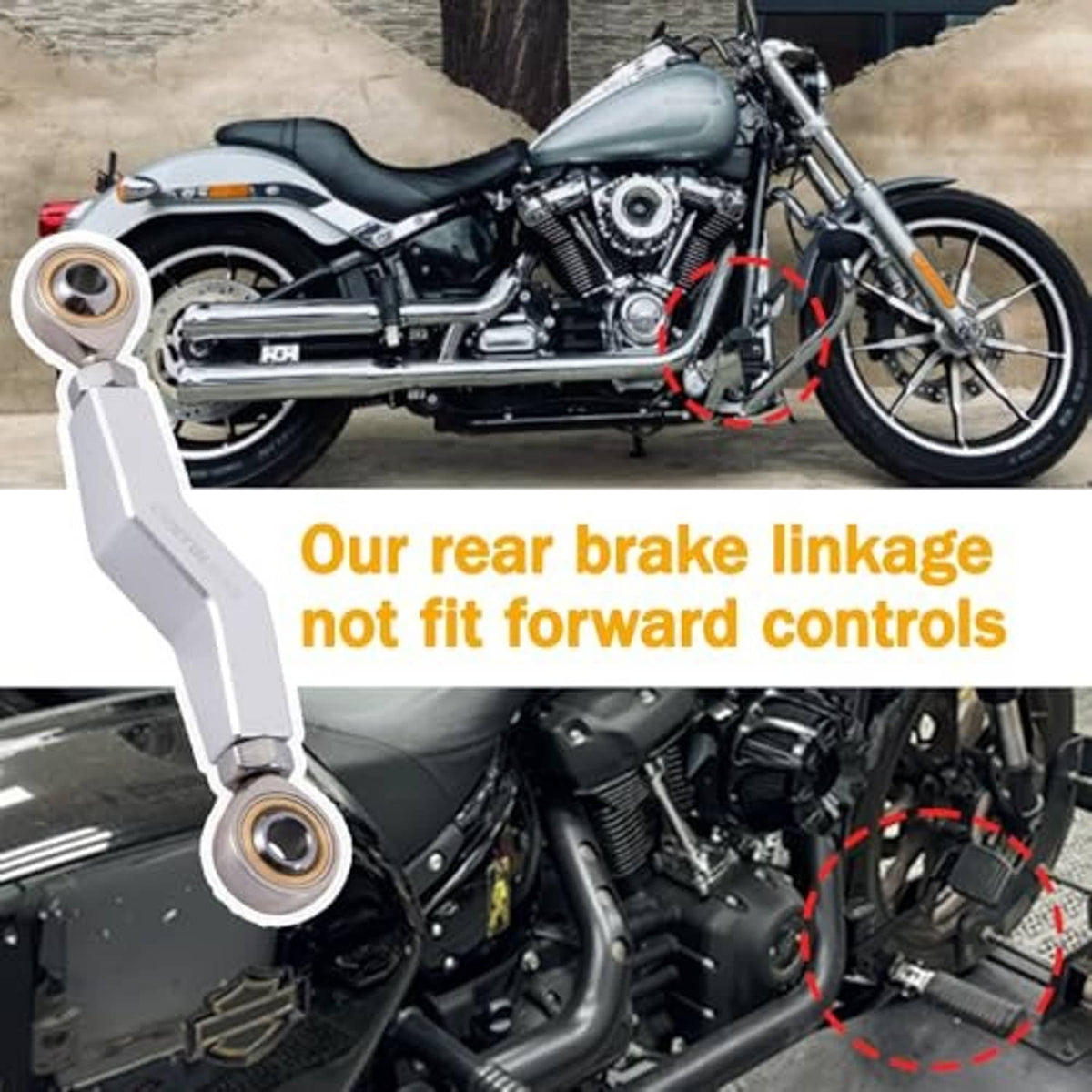 Silver rear brake linkage lever with mounting joints on Harley-Davidson style bike