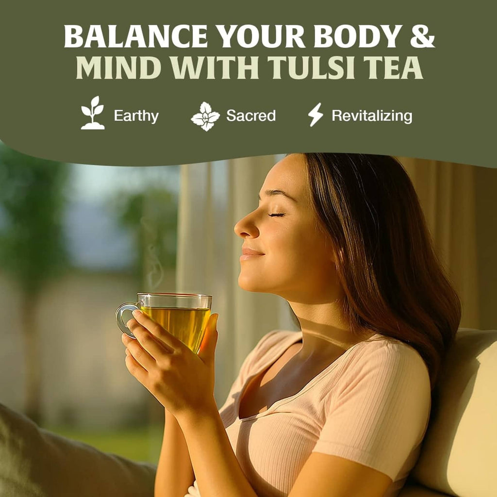 Tulsi tea herbal infusion: cup of tea with tulsi leaves, wellness icons above