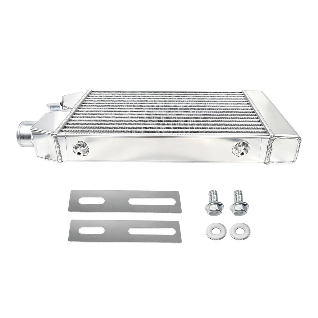 Aluminum intercooler front mount with included brackets and screws, polished finish