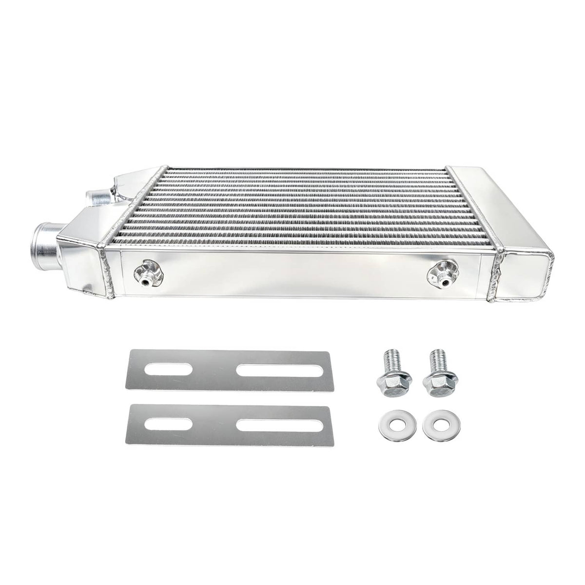 Aluminum intercooler front mount with included brackets and screws, polished finish