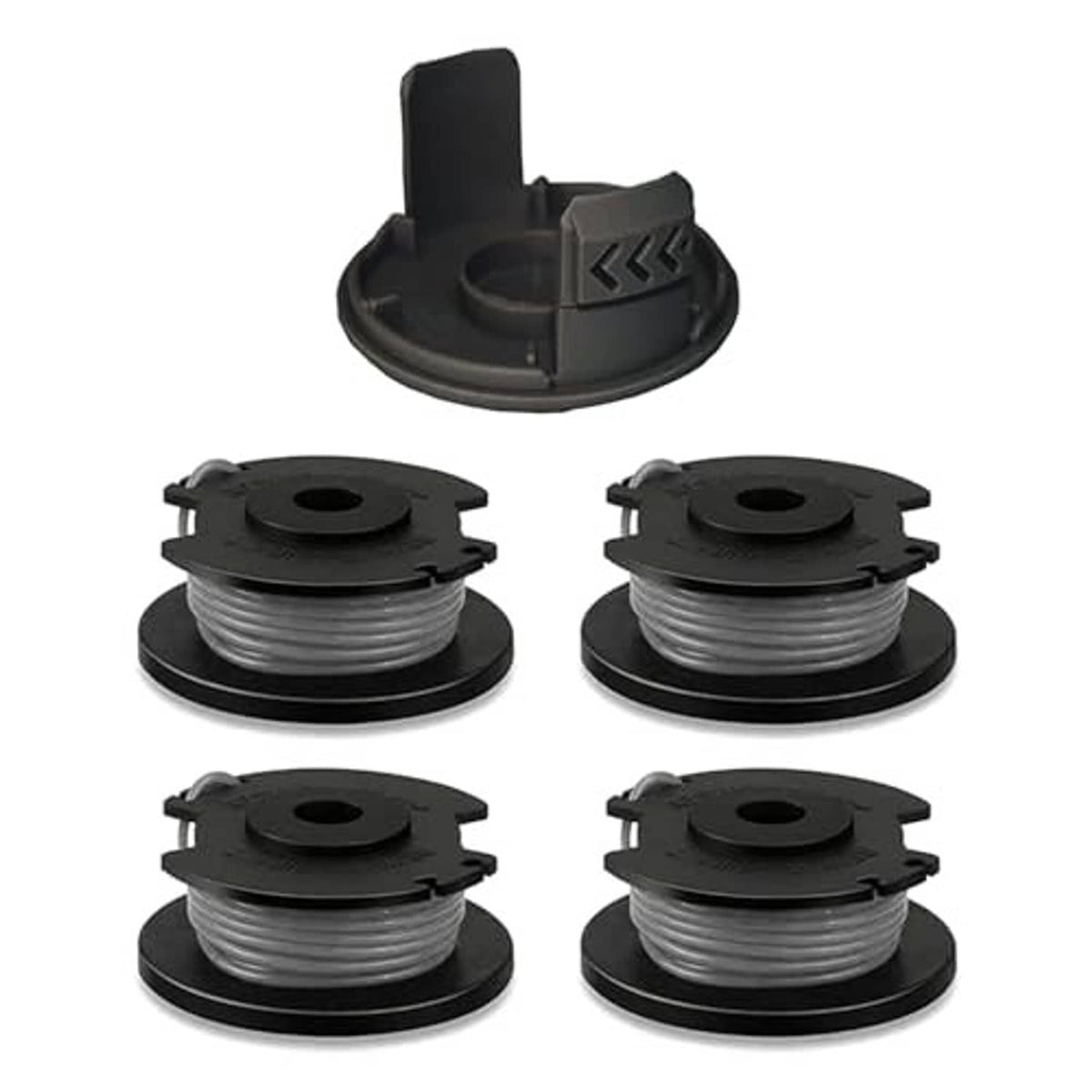 String trimmer replacement spool set: four black spools with cap/holder