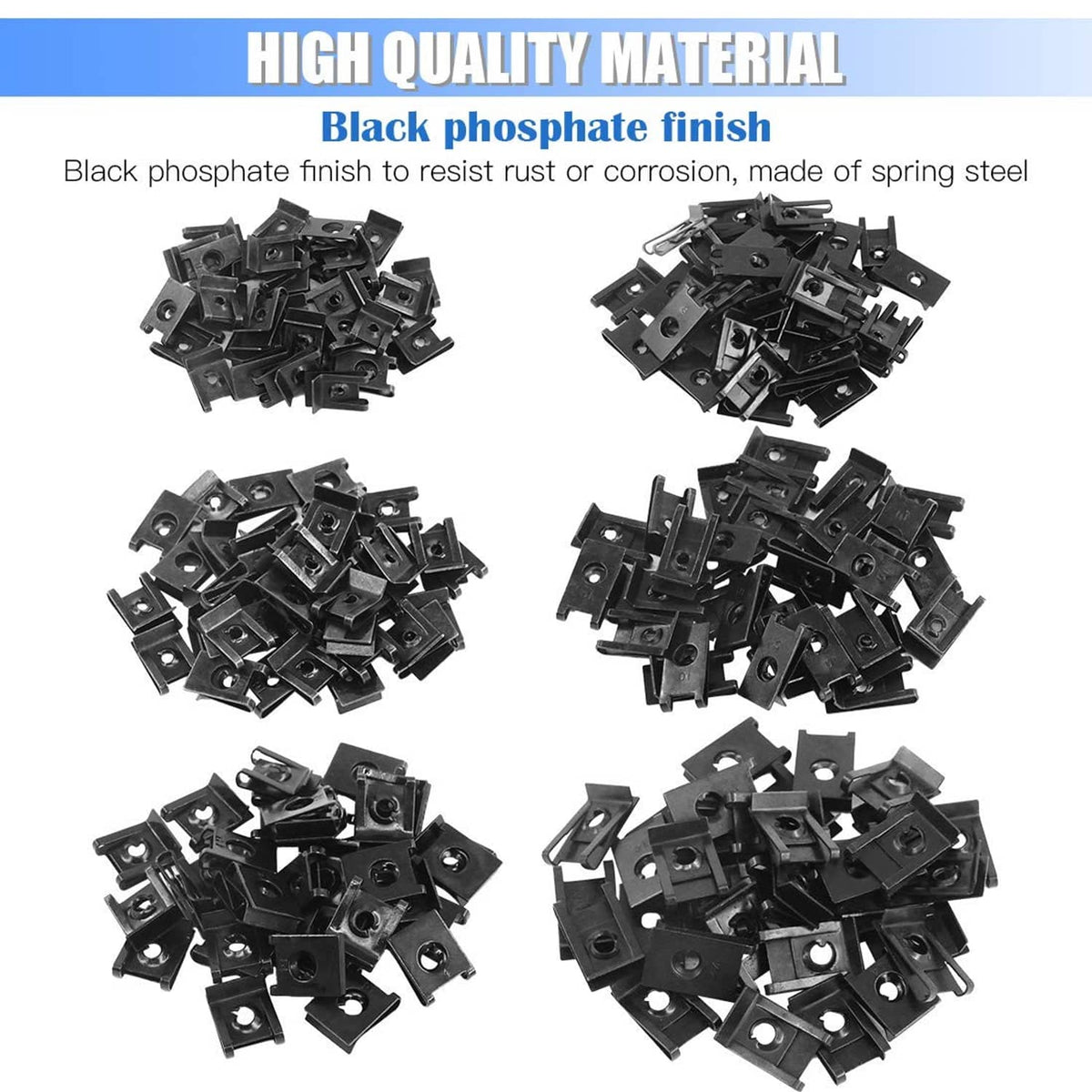 Pile of black spring-steel U-nut auto clips with round mounting holes