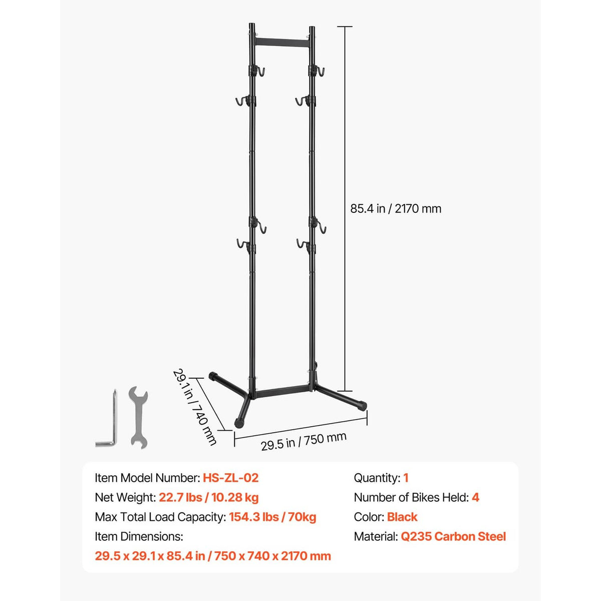 Black freestanding vertical bike rack with two uprights and four curved mounting hooks