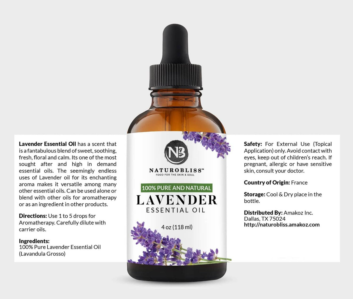 Amber lavender essential oil bottle front and back label view