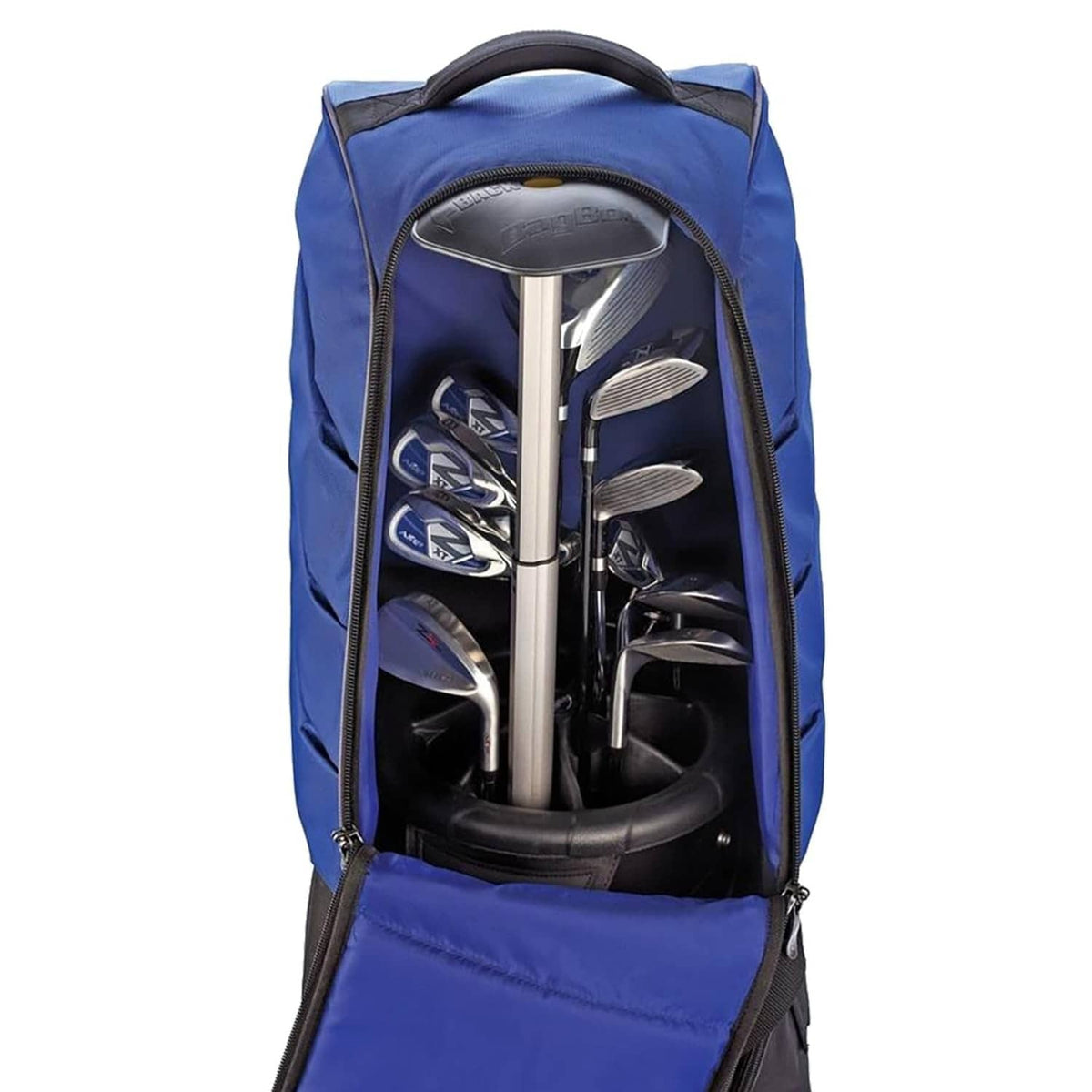 Blue golf bag with club compartments and black stand collar