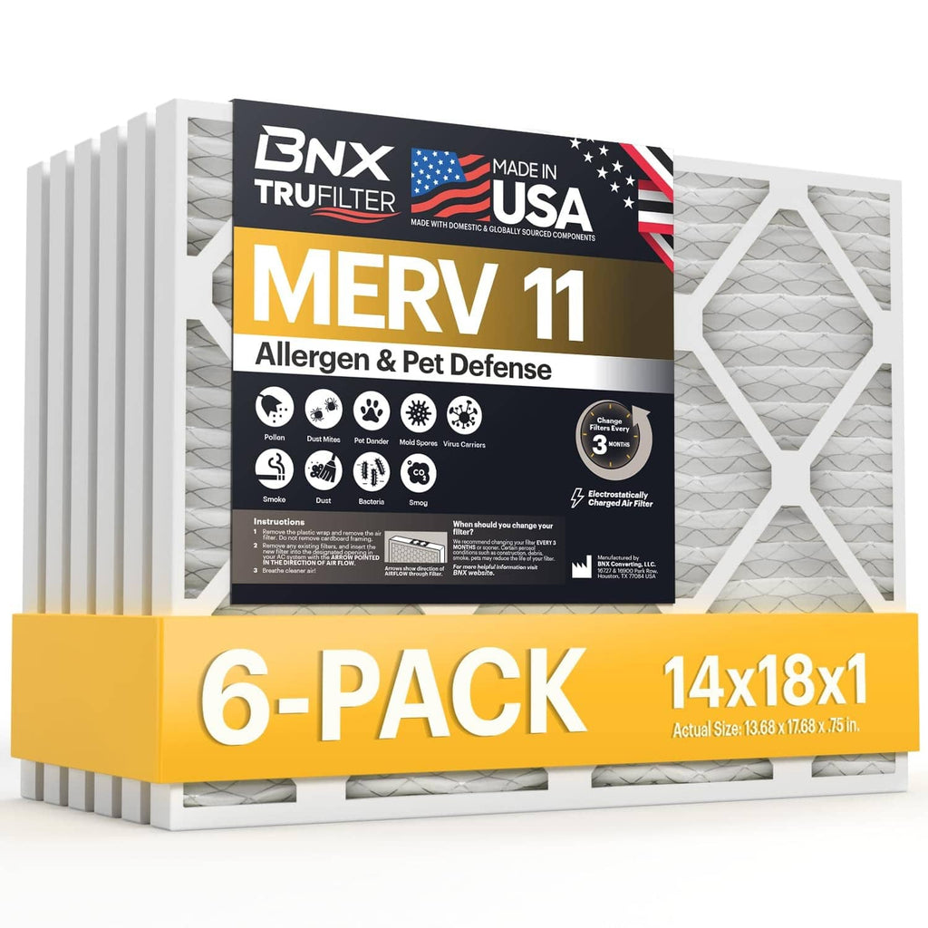 BNX TruFilter MERV 11 air filters, 14x18x1, 6-pack, allergen & pet defense.