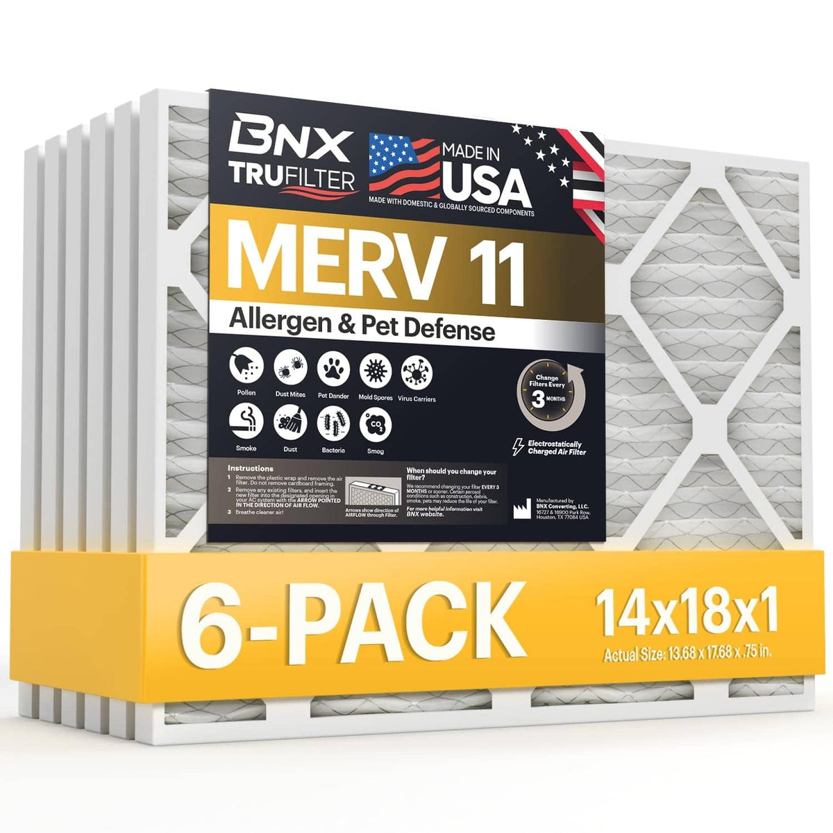 BNX TruFilter MERV 11 air filters, 14x18x1, 6-pack, allergen & pet defense.