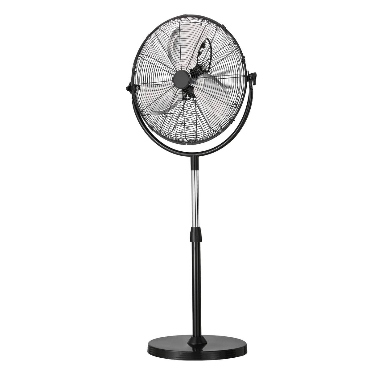 Black pedestal standing floor fan with wire grille and round base