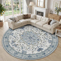 Round area rug with blue and gray ornate medallion pattern, light center