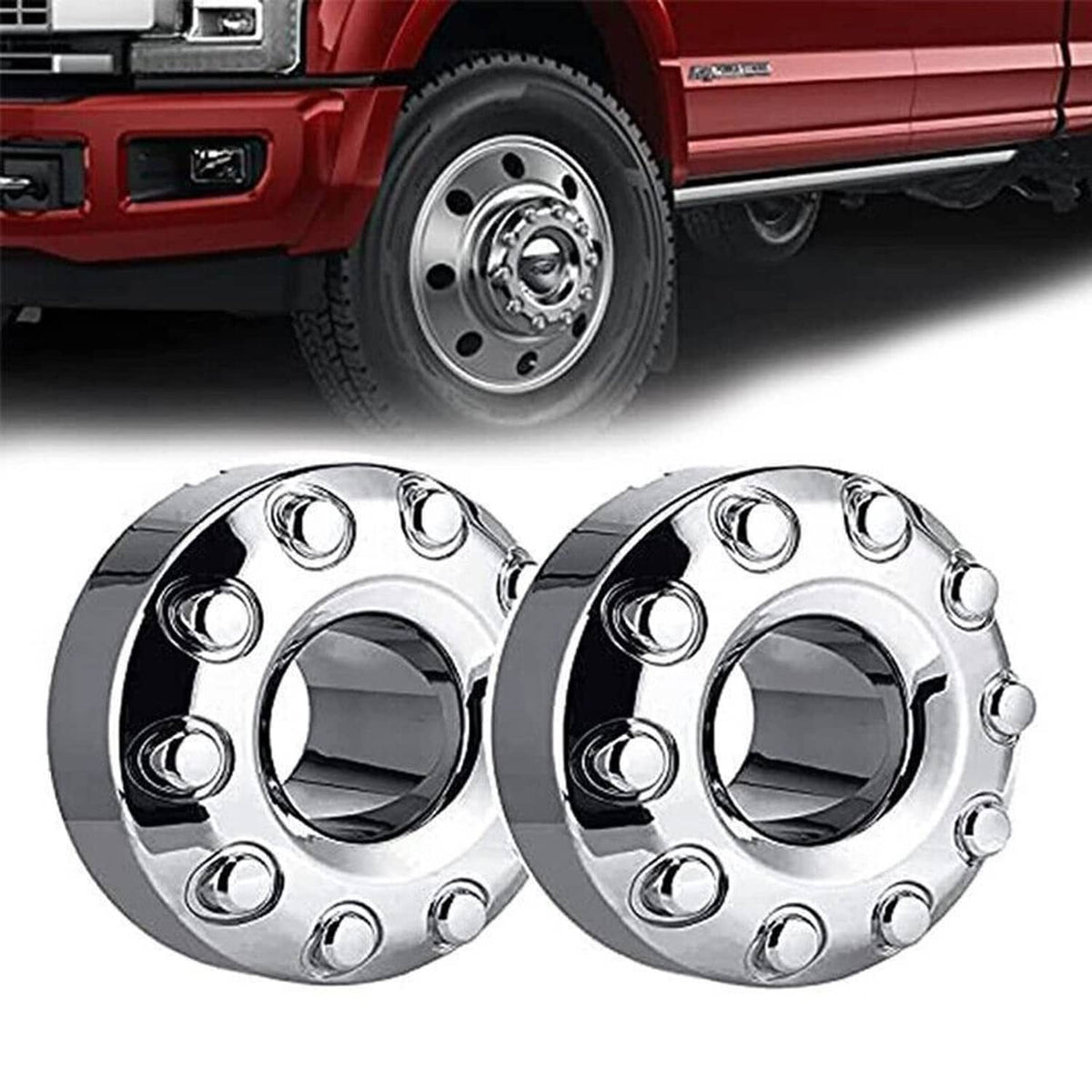 Pair of chrome wheel hub center caps with 10-lug bolt-hole openings
