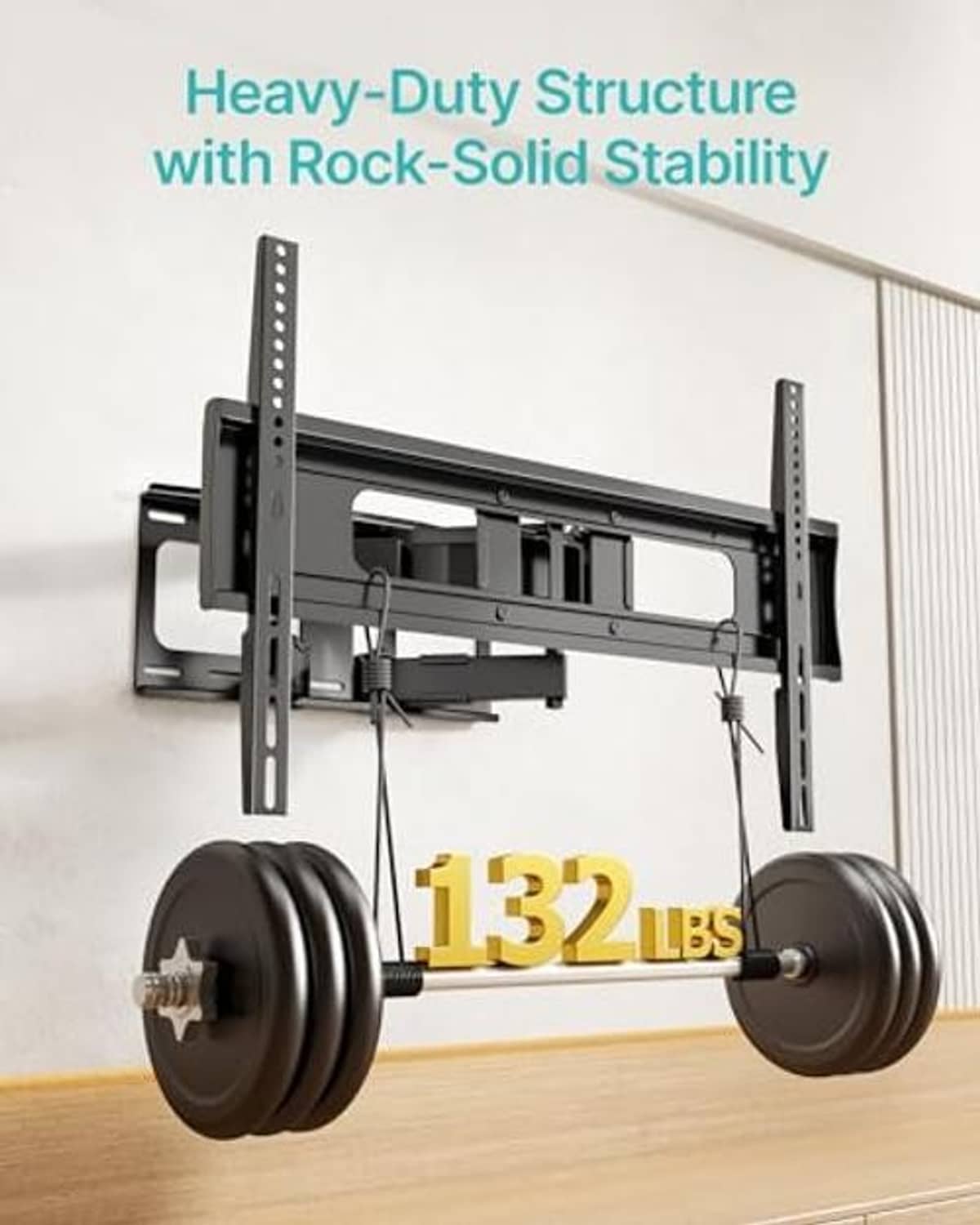 Heavy-duty TV wall mount with long rail and secure arms, rated up to 132 lbs.