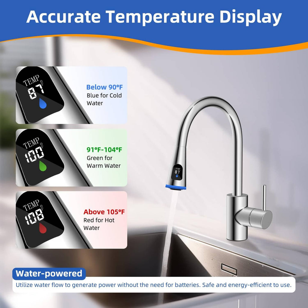 Pull-down kitchen faucet head with LED temperature display showing water temperature
