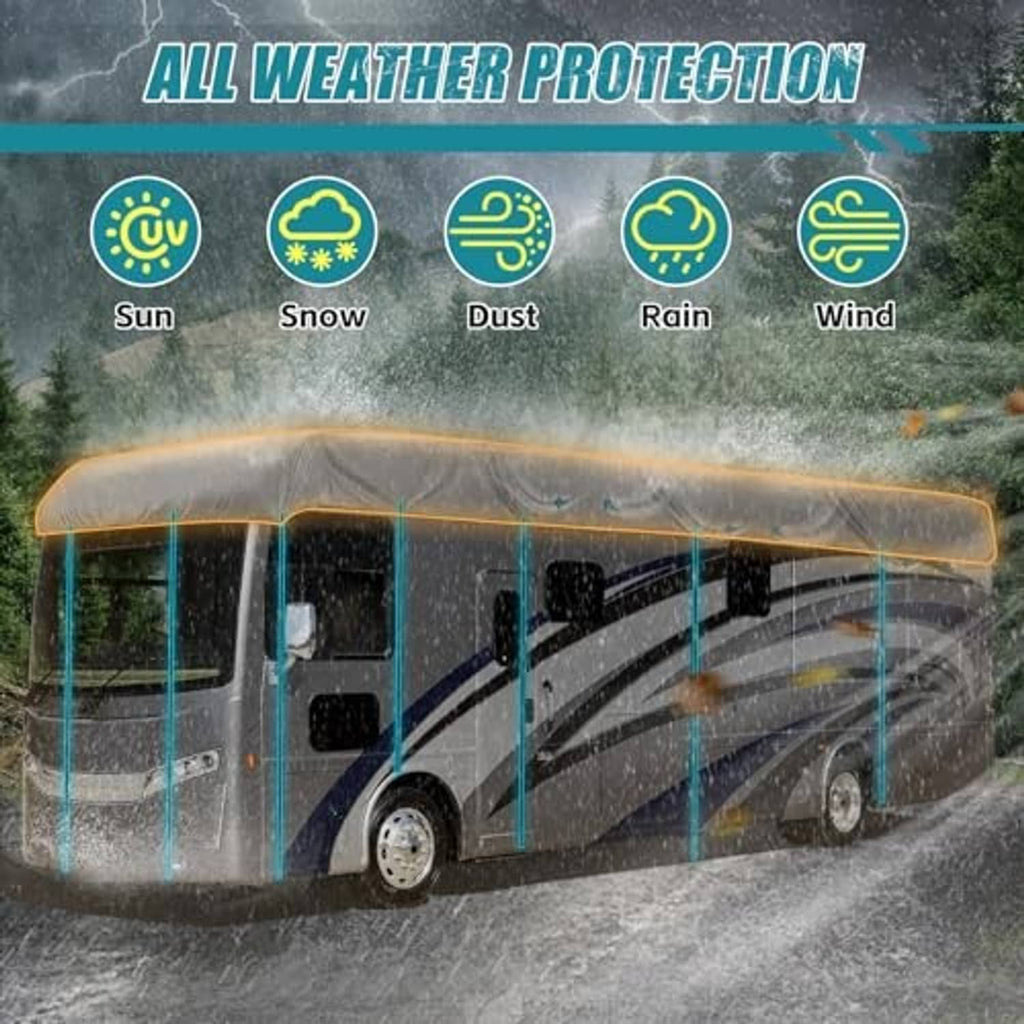 All-weather RV roof cover shielding motorhome, gray fabric with blue stripe accents