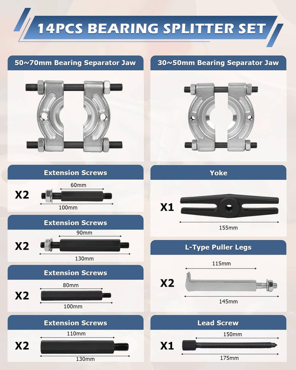 14-piece bearing splitter set layout with separator jaws, yoke, extension screws, and puller legs