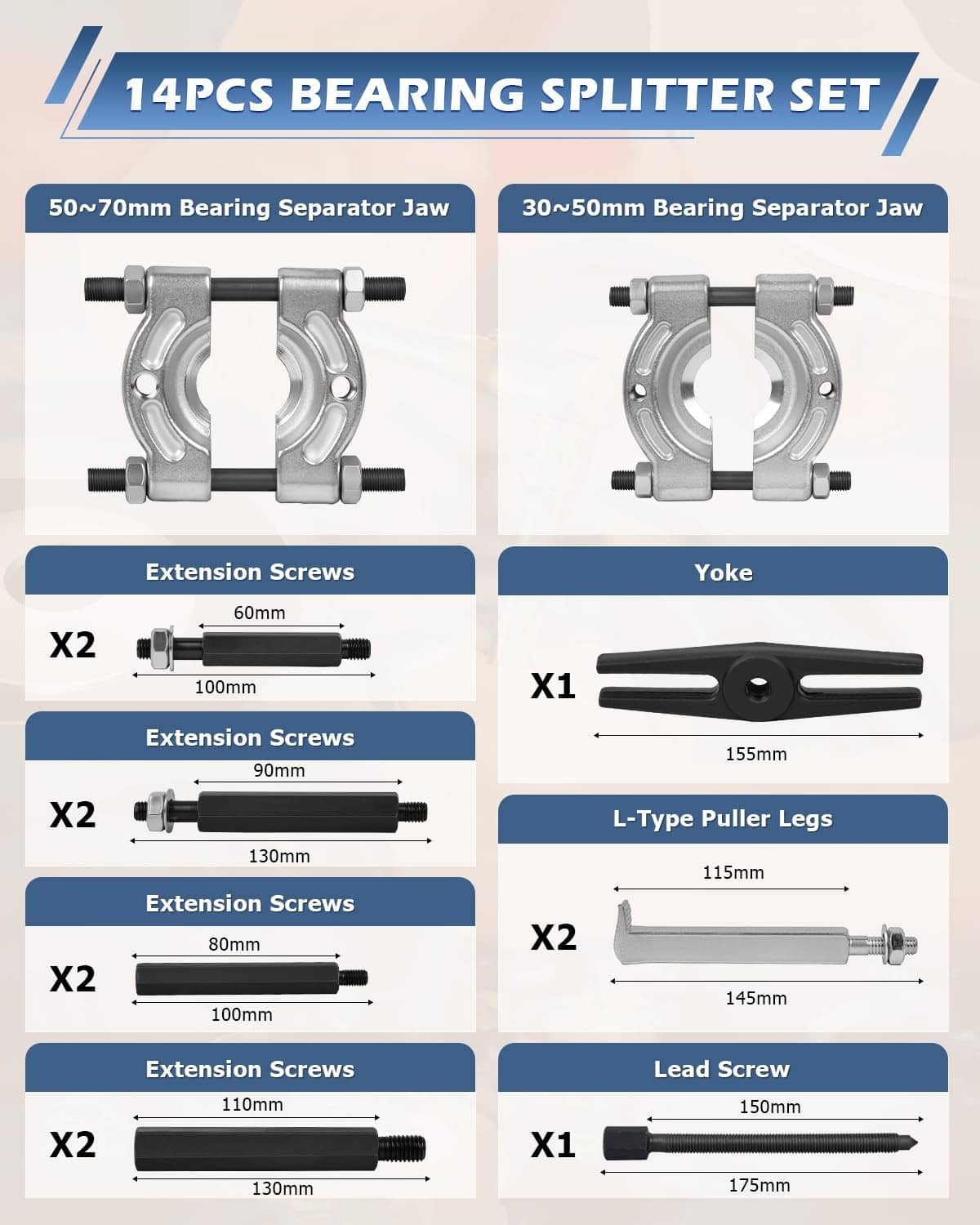 14-piece bearing splitter set layout with separator jaws, yoke, extension screws, and puller legs