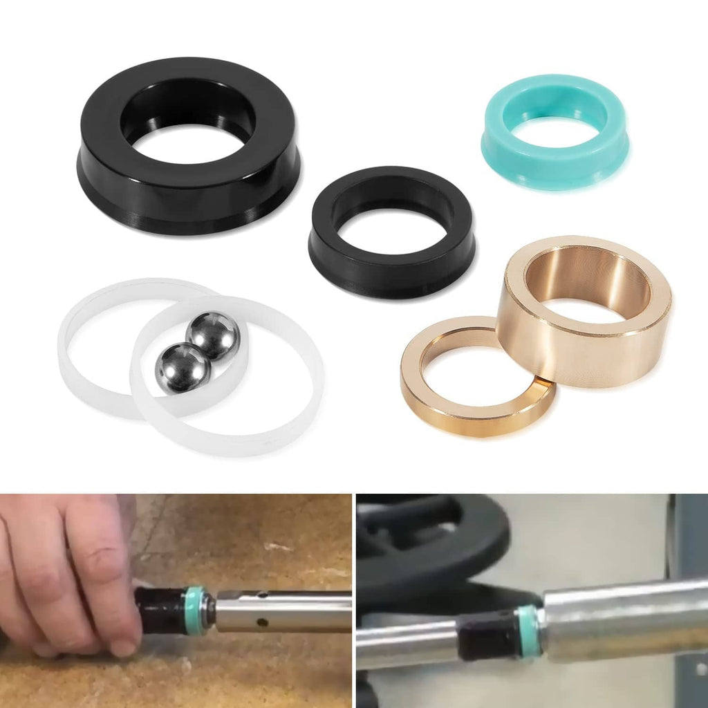 Pump repair kit parts set with black seals, teal gasket, brass bushings, and steel ball