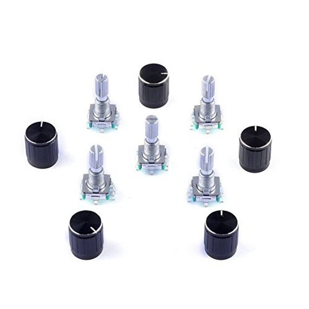Set of 5 rotary encoder code switch potentiometer modules with black push knobs.