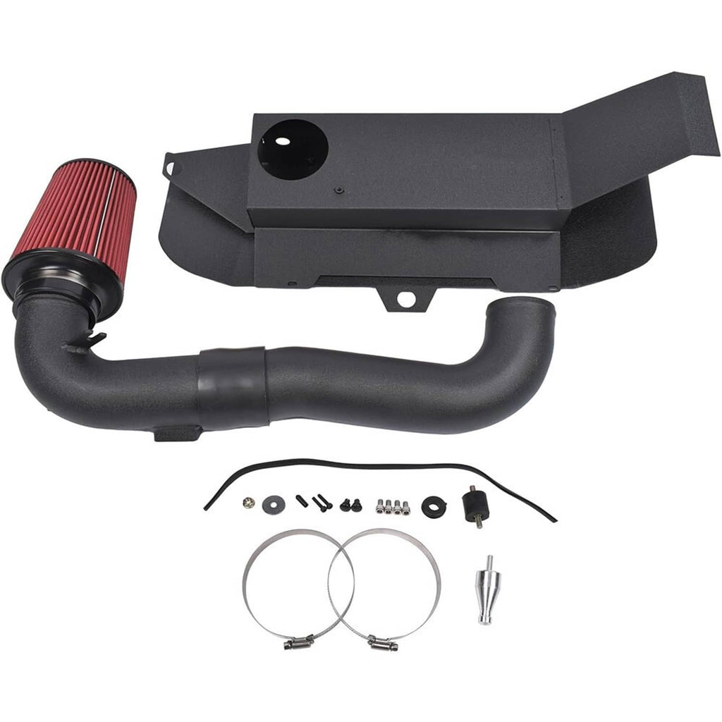 Cold air intake kit assembly with black intake box, curved hose, and red filter