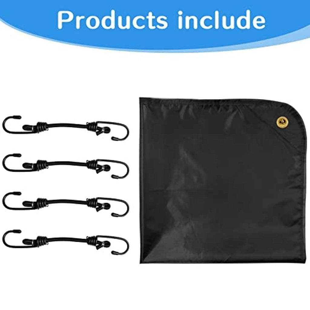 Black AC cover with included bungee straps and plastic-coated hanging hooks