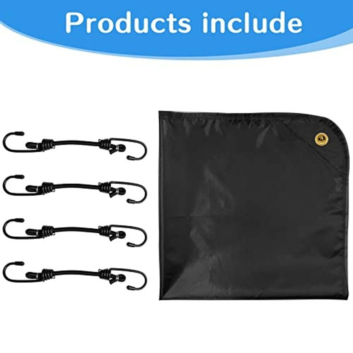 Black AC cover with included bungee straps and plastic-coated hanging hooks