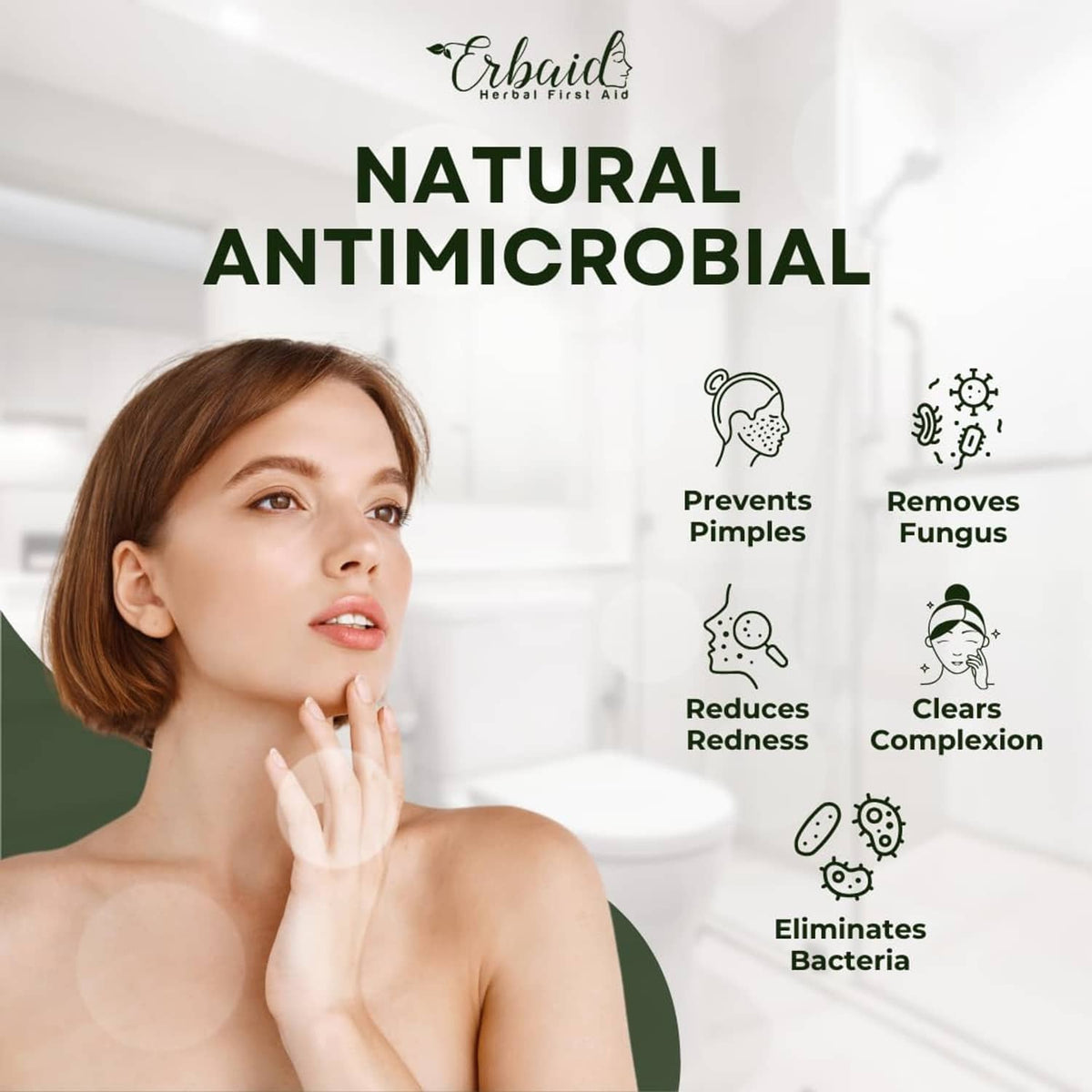 Tea tree soap bar package with natural antimicrobial benefit icons