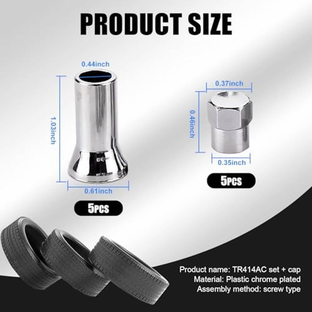 Chrome tire valve stem sleeve and cap kit with size diagram and 5-piece count