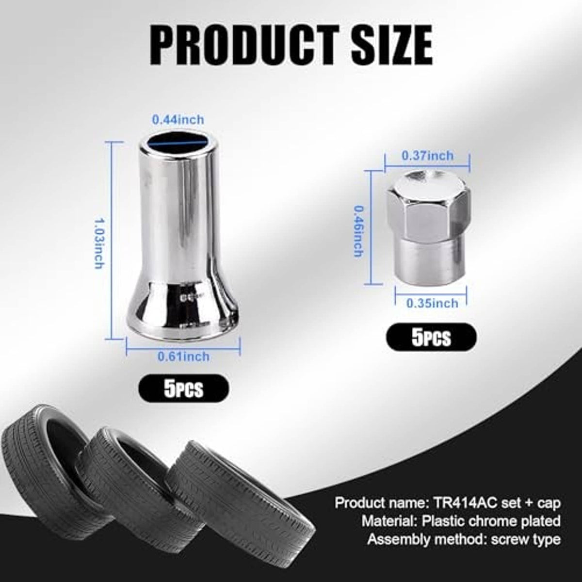 Chrome tire valve stem sleeve and cap kit with size diagram and 5-piece count