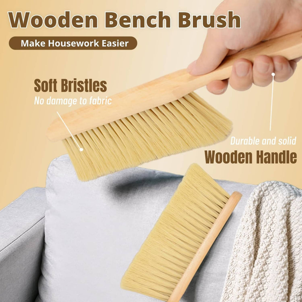 Wooden bench dust brush with khaki soft bristles and smooth light wood handle