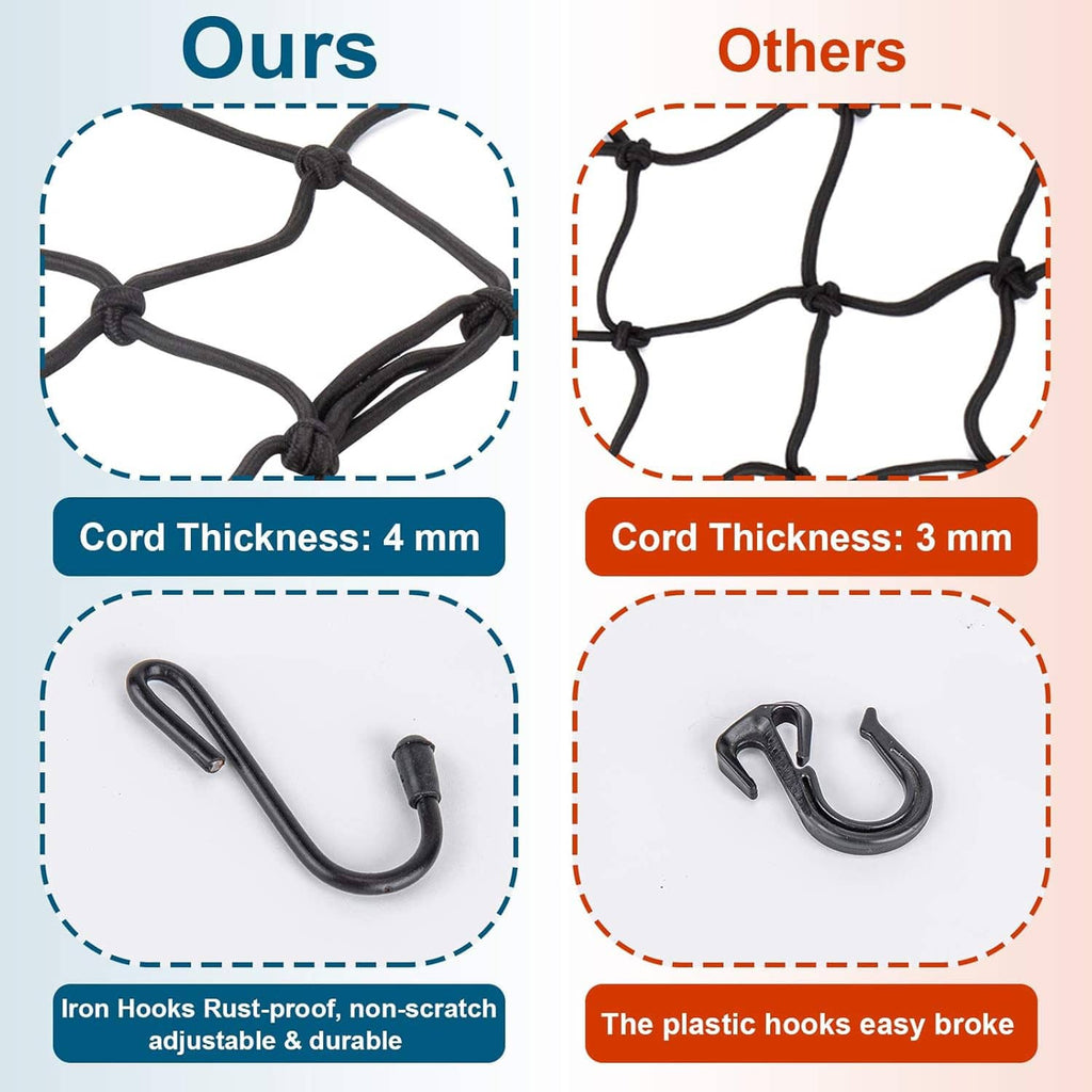 Black bungee net corner with thick elastic cord and metal hooks, close-up