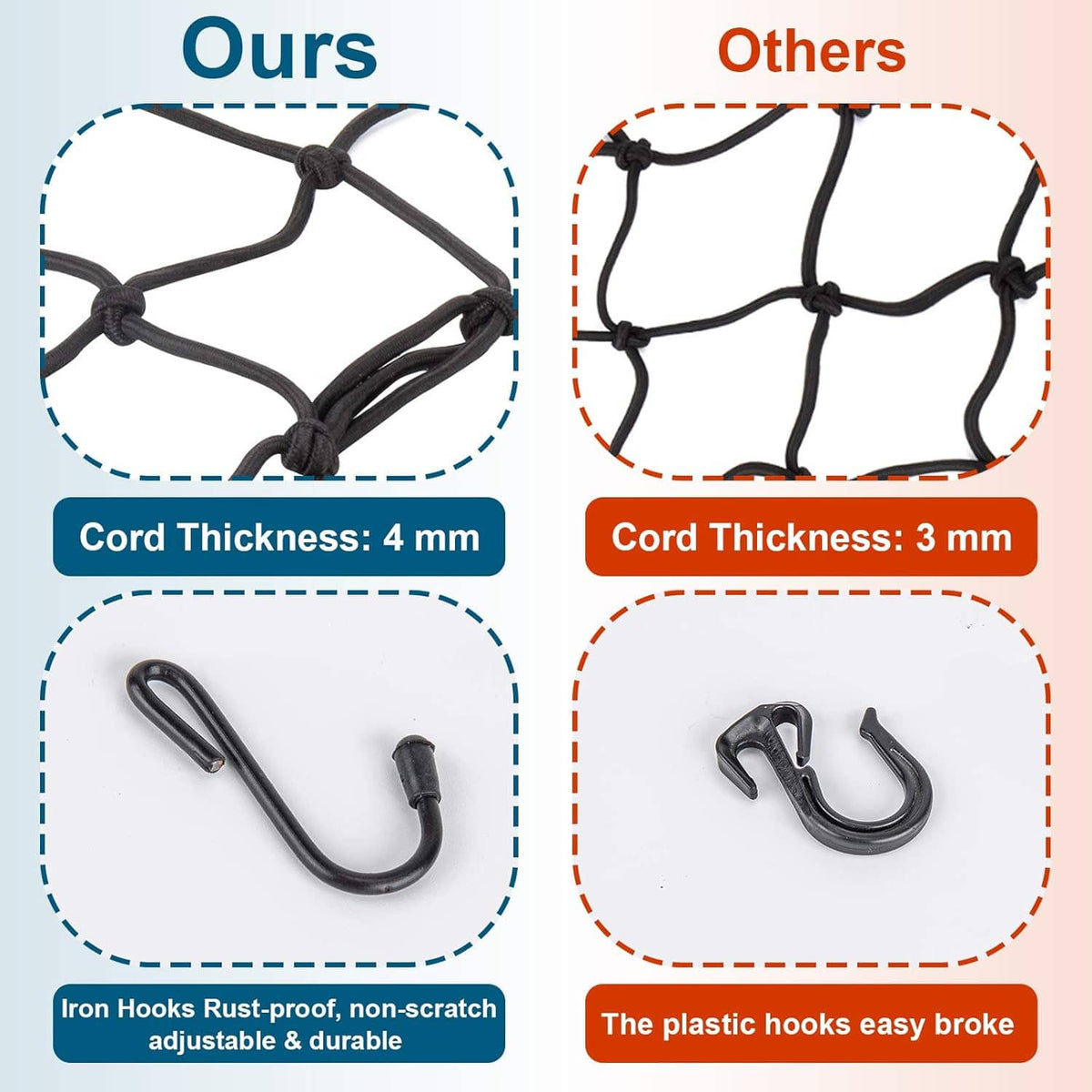 Black bungee net corner with thick elastic cord and metal hooks, close-up